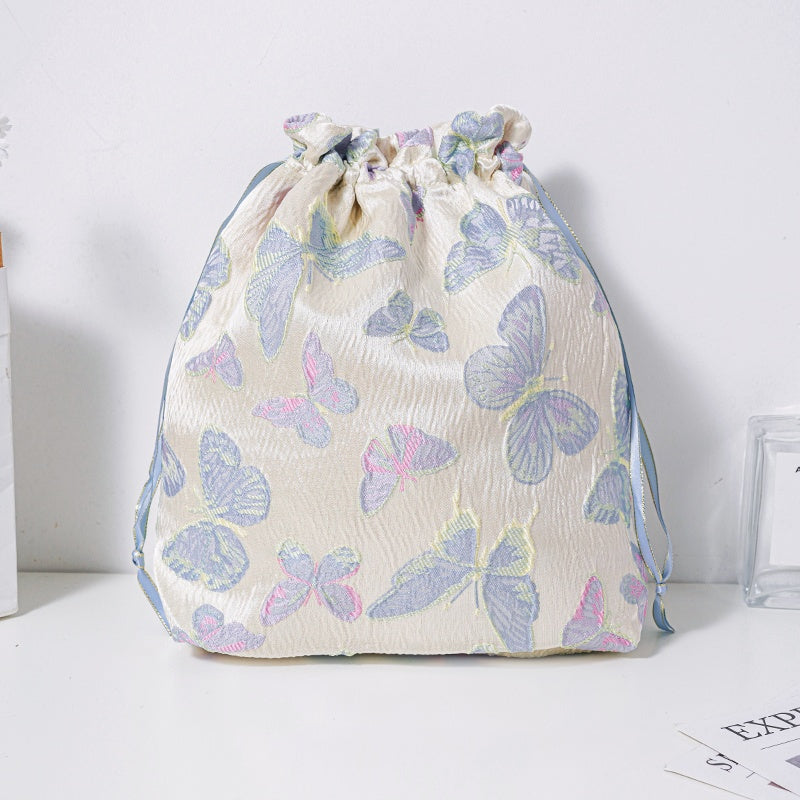 Blue Purple Butterfly Brocade Drawstring Favor Bags, Embroidered Satin Evening Wedding Bridesmaid Gift Pouch