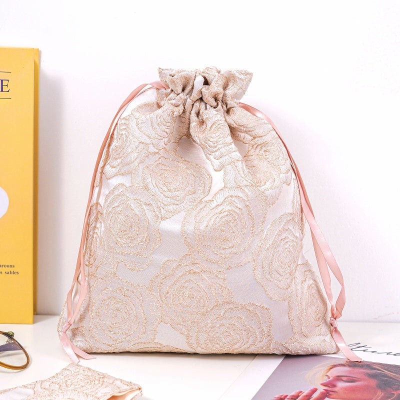 Golden Rose Brocade Drawstring Favor Bags, Embroidered Satin Evening Wedding Bridesmaid Gift Pouch