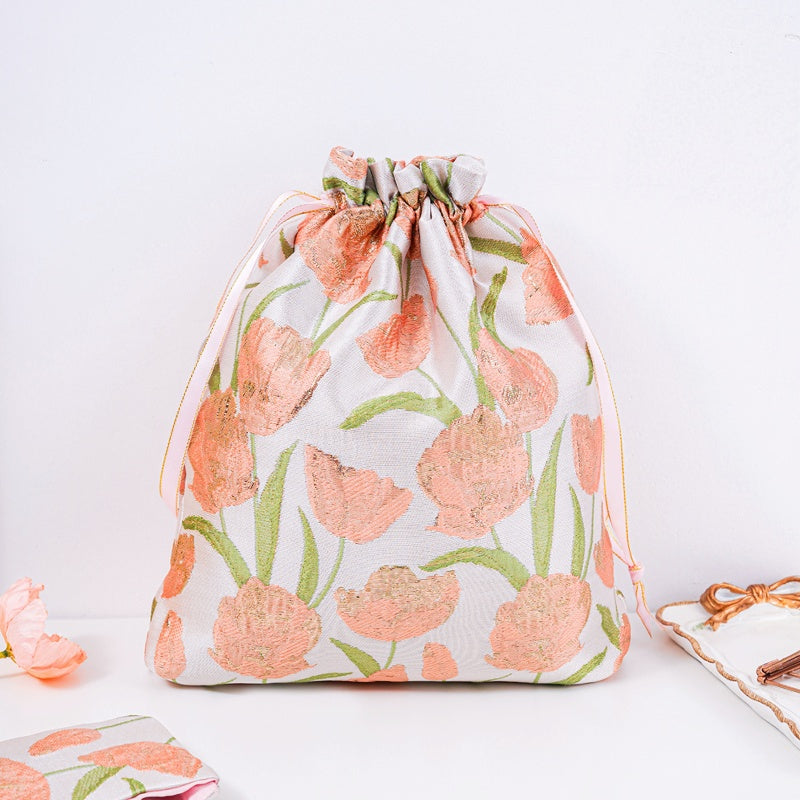 Tulip Brocade Drawstring Favor Bags, Embroidered Satin Evening Wedding Bridesmaid Gift Pouch