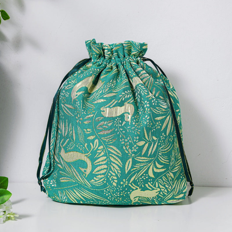 Golden Deer Brocade Drawstring Favor Bags, Embroidered Satin Evening Wedding Bridesmaid Gift Pouch