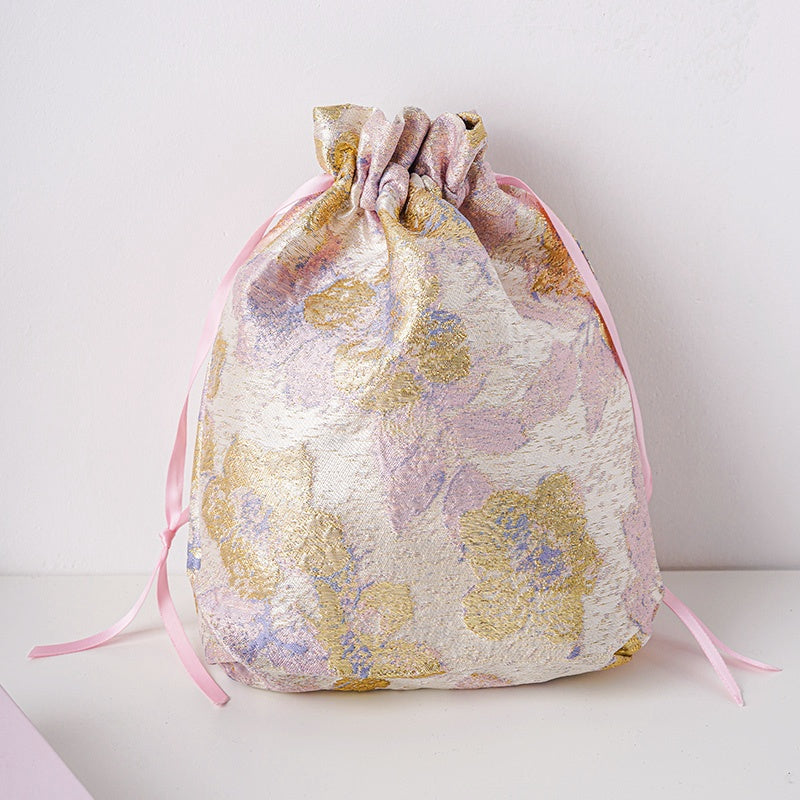 Purple Gold Flower Brocade Drawstring Favor Bags, Embroidered Satin Evening Wedding Bridesmaid Gift Pouch