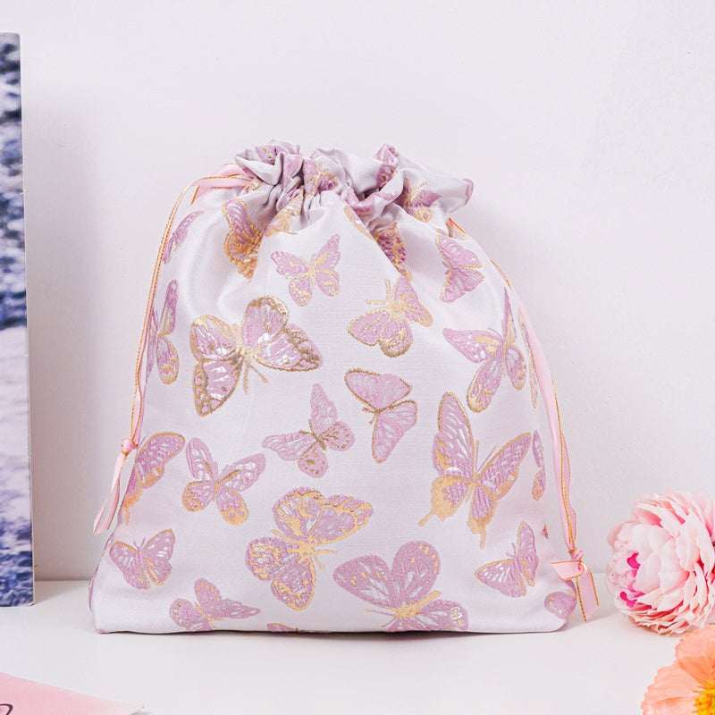 Butterfly Brocade Drawstring Favor Bags, Embroidered Satin Evening Wedding Bridesmaid Gift Pouch
