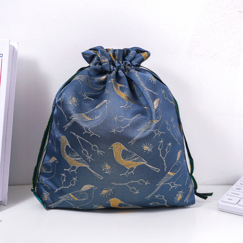Golden Bird Brocade Drawstring Favor Bags, Embroidered Satin Evening Wedding Bridesmaid Gift Pouch