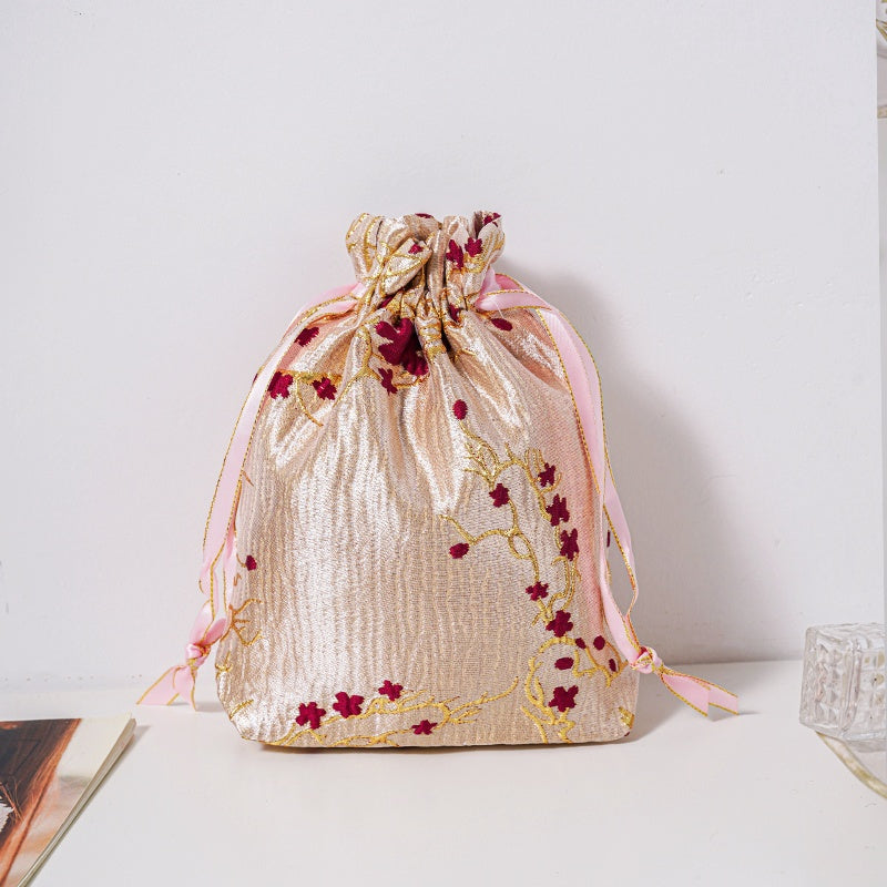 Red Plum Blossom Brocade Drawstring Favor Bags, Embroidered Satin Evening Wedding Bridesmaid Gift Pouch