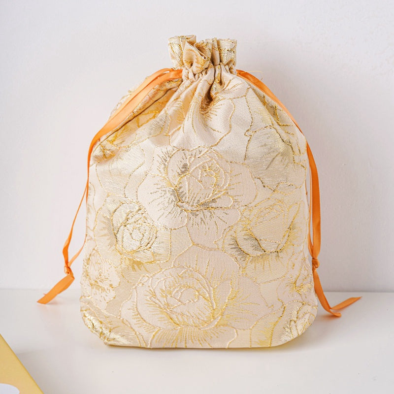 Golden Peony Brocade Drawstring Favor Bags, Embroidered Satin Evening Wedding Bridesmaid Gift Pouch
