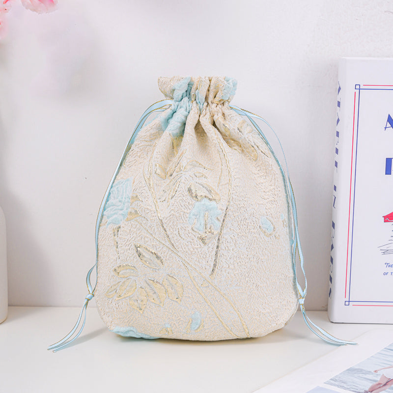 Long-stem Rose Brocade Drawstring Favor Bags, Embroidered Satin Evening Wedding Bridesmaid Gift Pouch