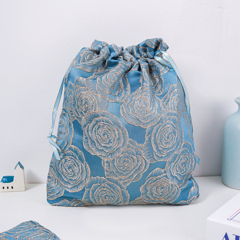 Golden Rose Brocade Drawstring Favor Bags, Embroidered Satin Evening Wedding Bridesmaid Gift Pouch