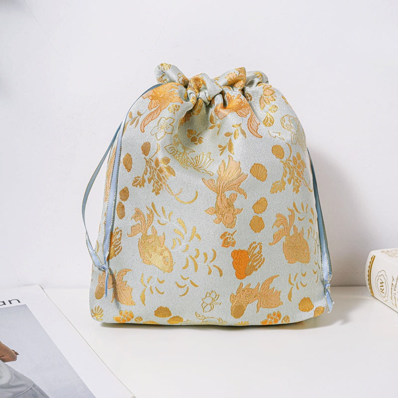 Golden Goldfish Brocade Drawstring Favor Bags, Embroidered Satin Evening Wedding Bridesmaid Gift Pouch