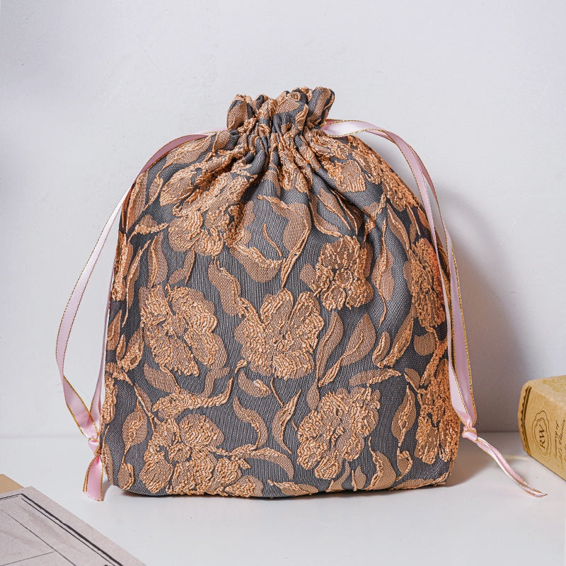 Golden Flower Brocade Drawstring Favor Bags, Embroidered Satin Evening Wedding Bridesmaid Gift Pouch