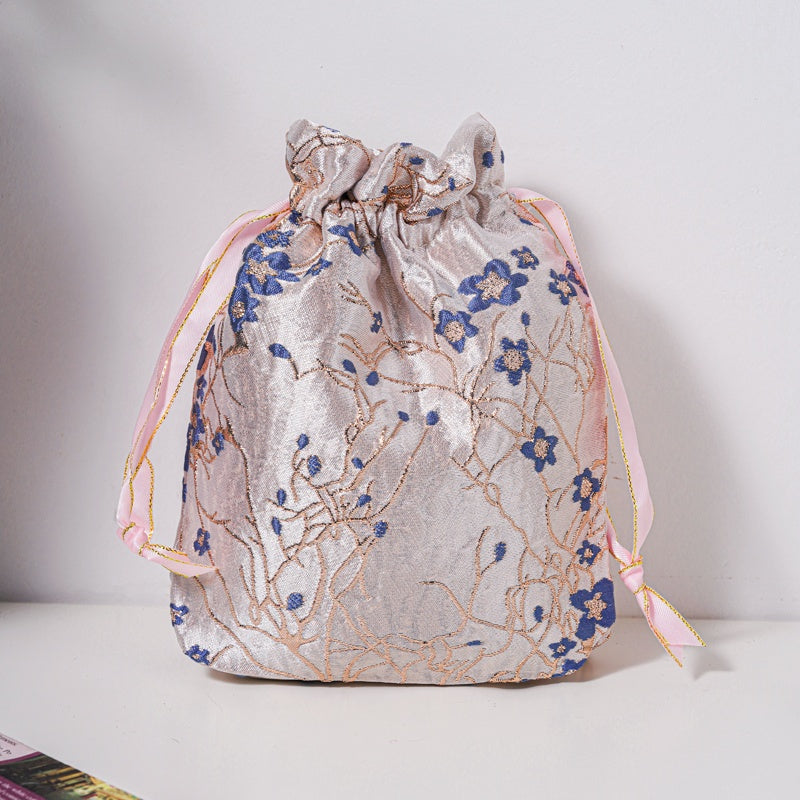 Blue Plum Blossom Brocade Drawstring Favor Bags, Embroidered Satin Evening Wedding Bridesmaid Gift Pouch