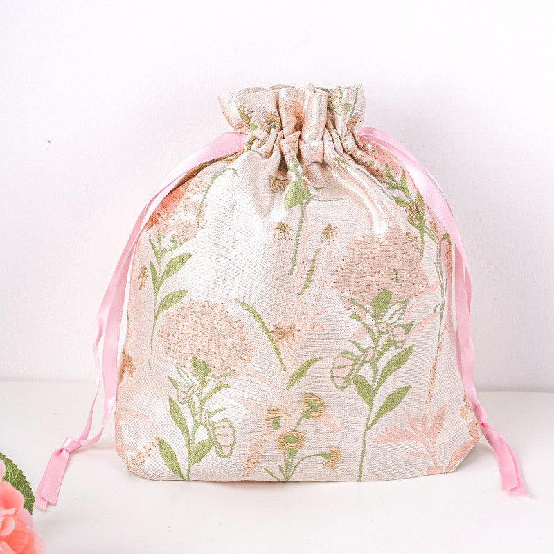 Pink Hydrangea Brocade Drawstring Favor Bags, Embroidered Satin Evening Wedding Bridesmaid Gift Pouch