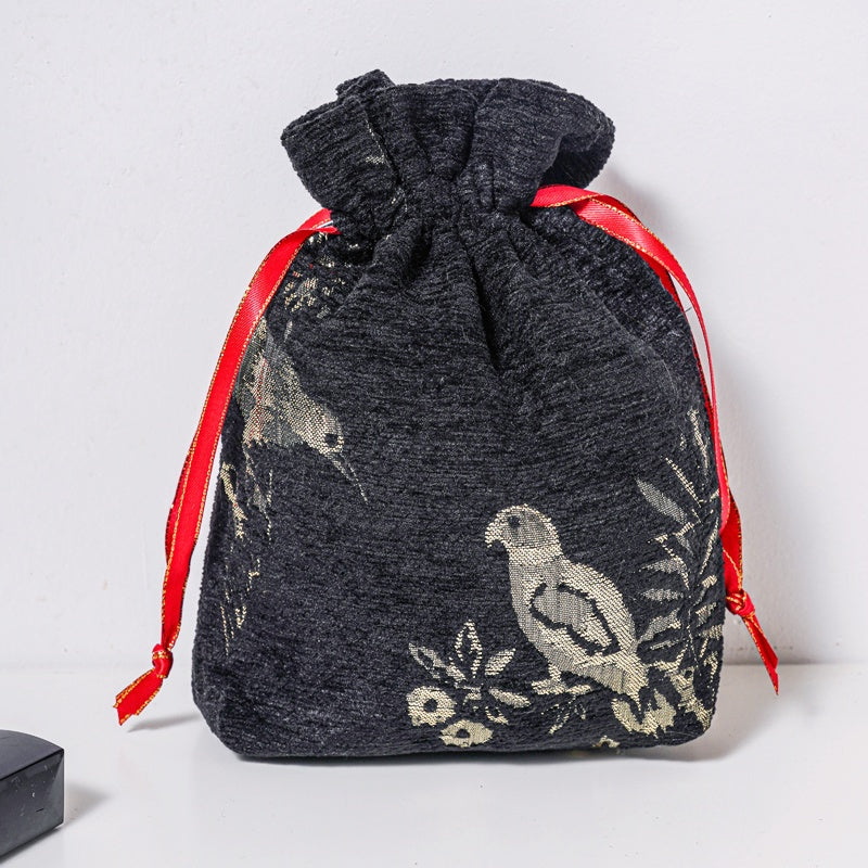 Golden Bird Brocade Drawstring Favor Bags, Embroidered Satin Evening Wedding Bridesmaid Gift Pouch