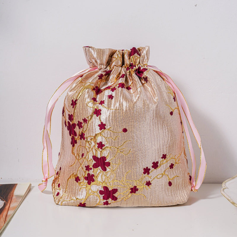 Red Plum Blossom Brocade Drawstring Favor Bags, Embroidered Satin Evening Wedding Bridesmaid Gift Pouch