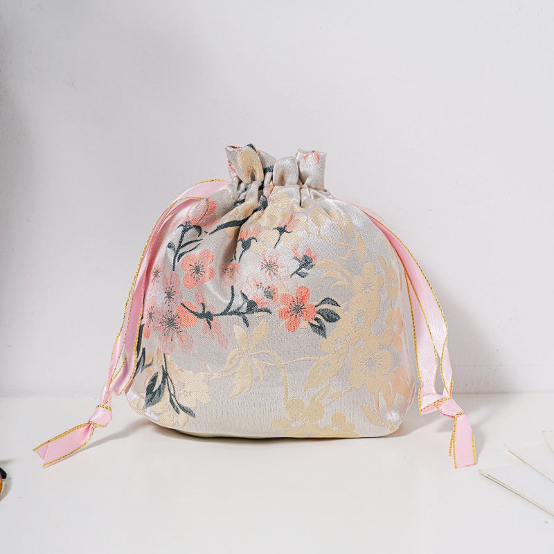 Orange Plum Blossom Brocade Drawstring Favor Bags, Embroidered Satin Evening Wedding Bridesmaid Gift Pouch