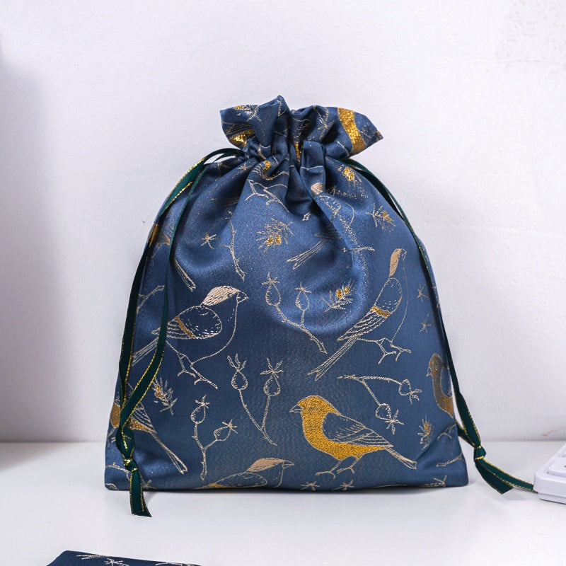 Golden Bird Brocade Drawstring Favor Bags, Embroidered Satin Evening Wedding Bridesmaid Gift Pouch