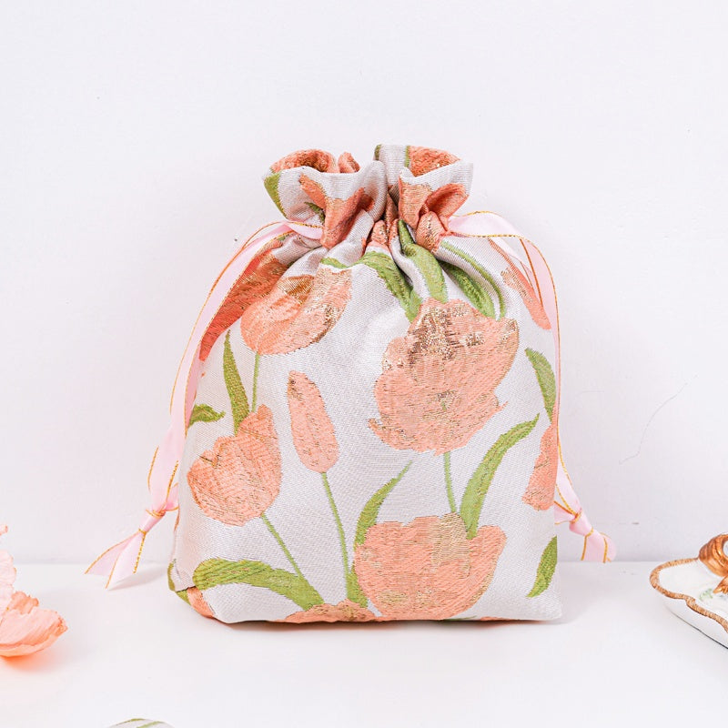 Tulip Brocade Drawstring Favor Bags, Embroidered Satin Evening Wedding Bridesmaid Gift Pouch