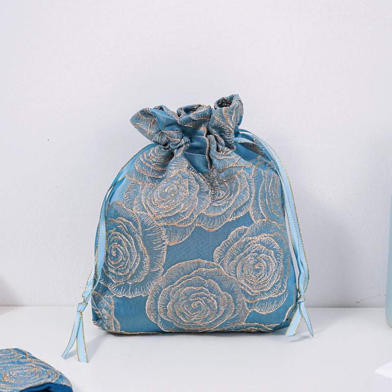 Golden Rose Brocade Drawstring Favor Bags, Embroidered Satin Evening Wedding Bridesmaid Gift Pouch