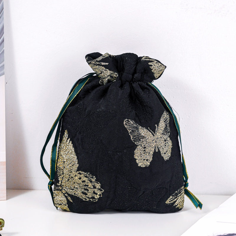 Golden Butterfly Brocade Drawstring Favor Bags, Embroidered Satin Evening Wedding Bridesmaid Gift Pouch