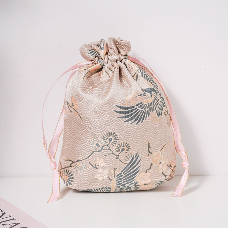 Green Crane Brocade Drawstring Favor Bags, Embroidered Satin Evening Wedding Bridesmaid Gift Pouch