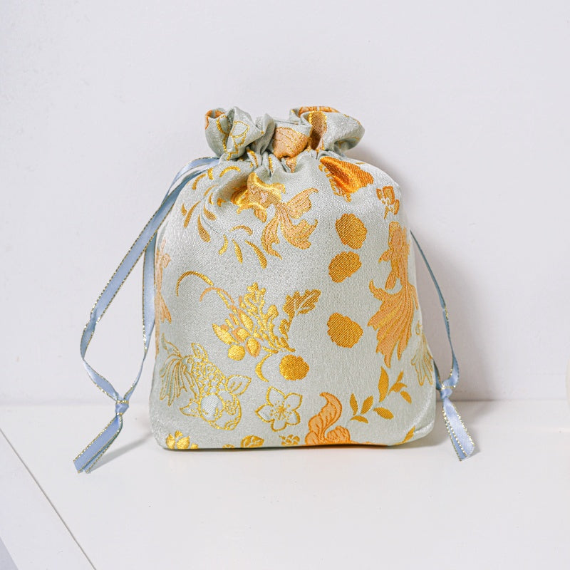 Golden Goldfish Brocade Drawstring Favor Bags, Embroidered Satin Evening Wedding Bridesmaid Gift Pouch