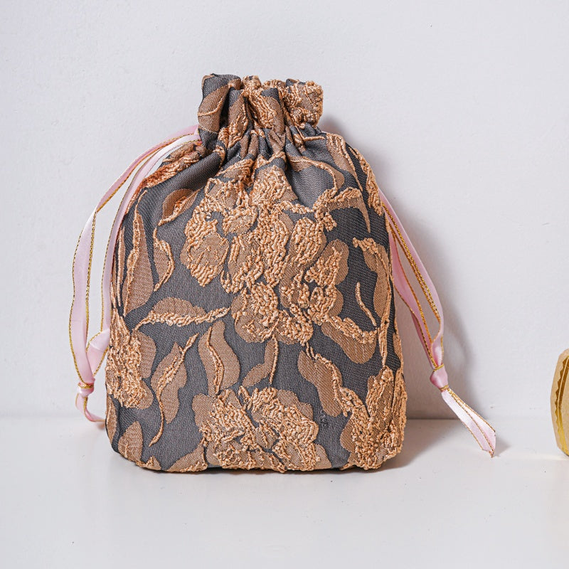 Golden Flower Brocade Drawstring Favor Bags, Embroidered Satin Evening Wedding Bridesmaid Gift Pouch