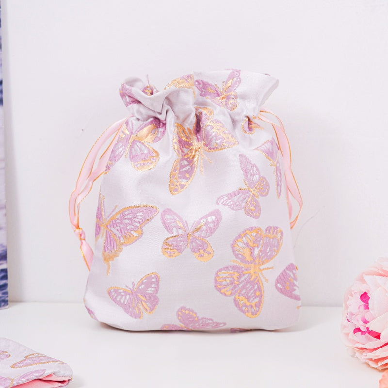 Butterfly Brocade Drawstring Favor Bags, Embroidered Satin Evening Wedding Bridesmaid Gift Pouch