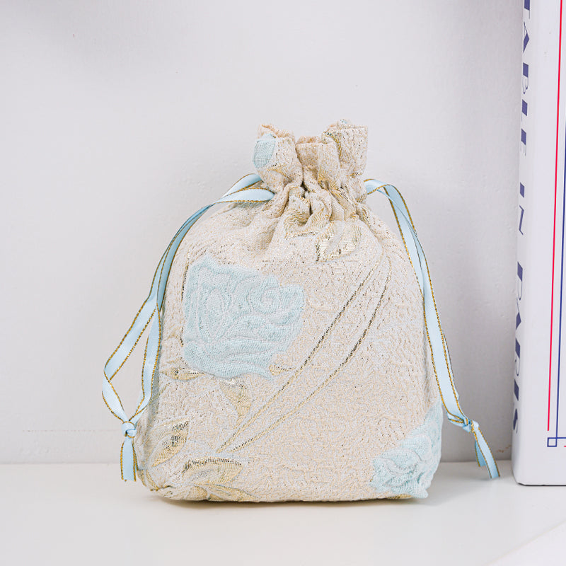 Long-stem Rose Brocade Drawstring Favor Bags, Embroidered Satin Evening Wedding Bridesmaid Gift Pouch