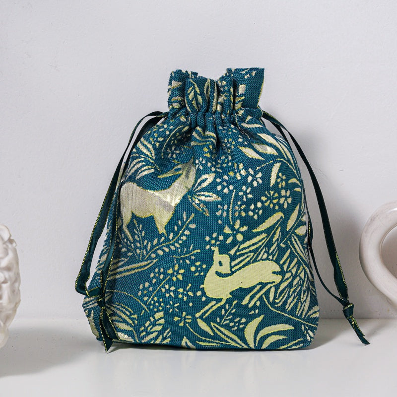 Golden Deer Brocade Drawstring Favor Bags, Embroidered Satin Evening Wedding Bridesmaid Gift Pouch