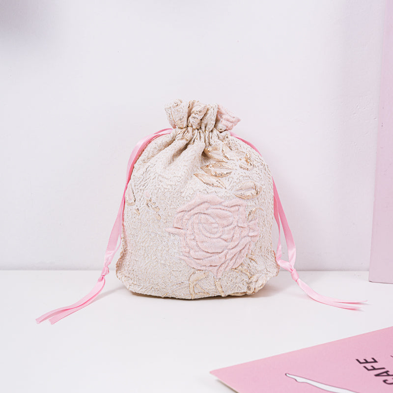 Long-stem Rose Brocade Drawstring Favor Bags, Embroidered Satin Evening Wedding Bridesmaid Gift Pouch