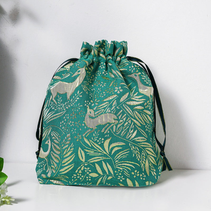 Golden Deer Brocade Drawstring Favor Bags, Embroidered Satin Evening Wedding Bridesmaid Gift Pouch