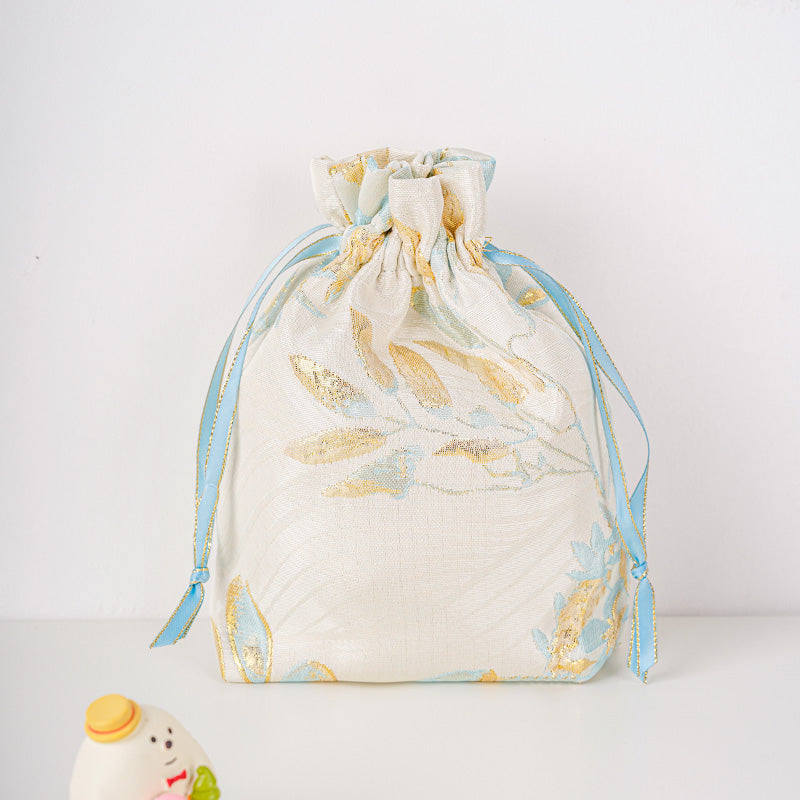 Golden Leaf Brocade Drawstring Favor Bags, Embroidered Satin Evening Wedding Bridesmaid Gift Pouch
