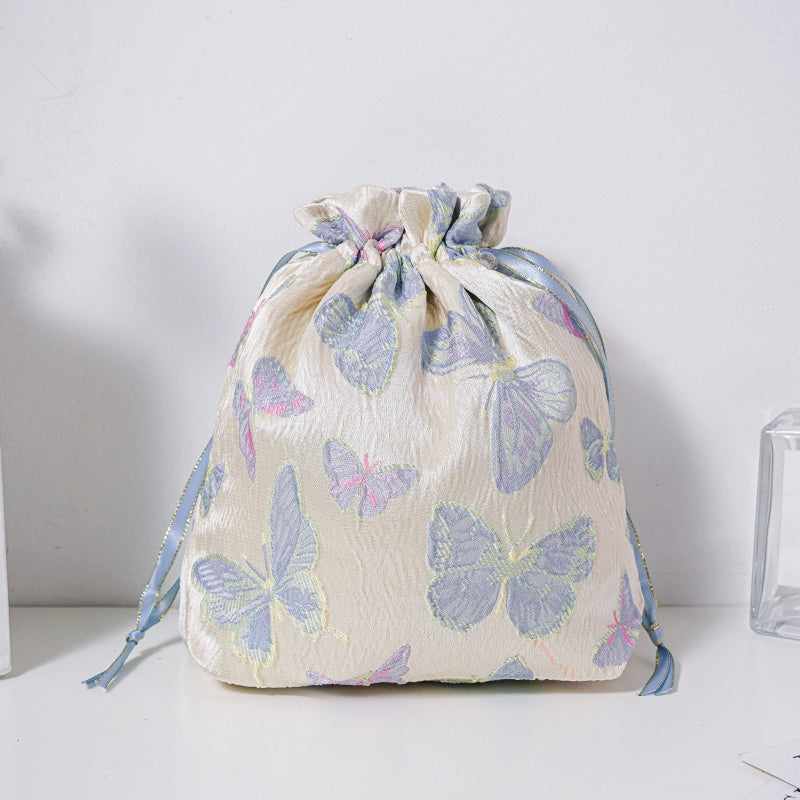 Blue Purple Butterfly Brocade Drawstring Favor Bags, Embroidered Satin Evening Wedding Bridesmaid Gift Pouch