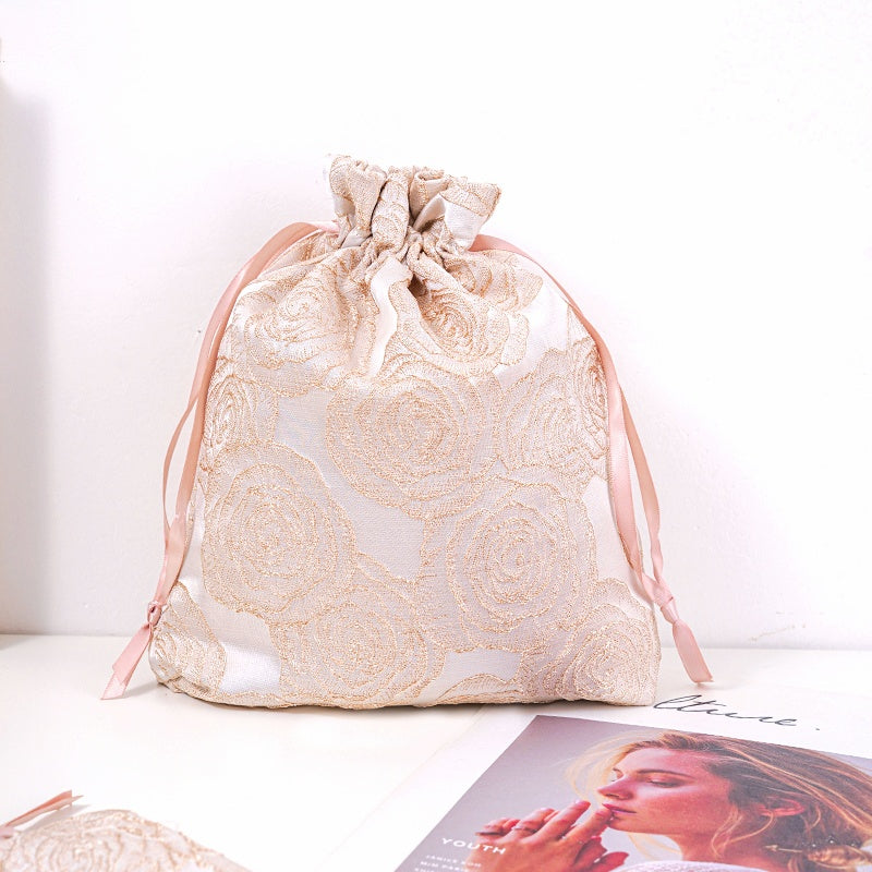 Golden Rose Brocade Drawstring Favor Bags, Embroidered Satin Evening Wedding Bridesmaid Gift Pouch