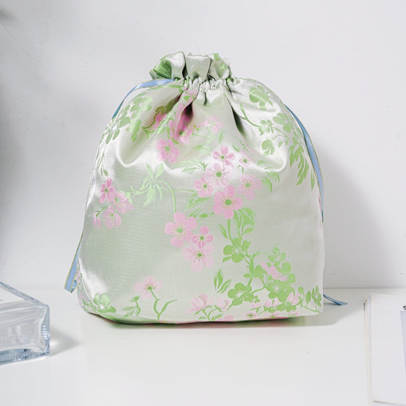 Cherry Blossom Brocade Drawstring Favor Bags, Embroidered Satin Evening Wedding Bridesmaid Gift Pouch