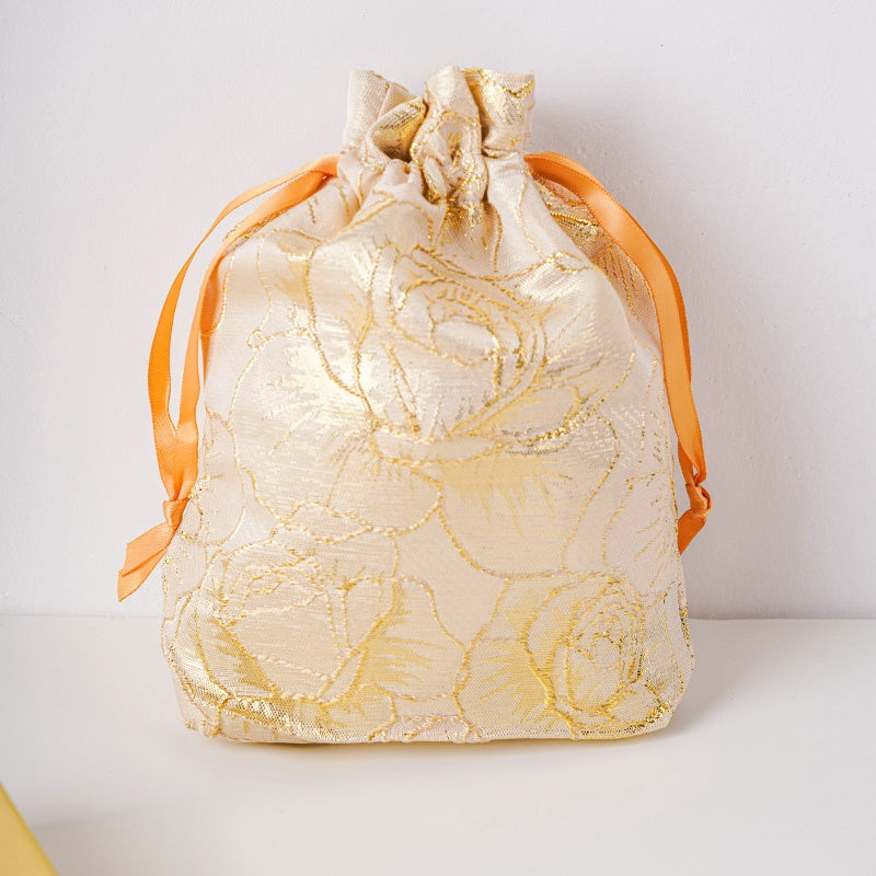 Golden Peony Brocade Drawstring Favor Bags, Embroidered Satin Evening Wedding Bridesmaid Gift Pouch