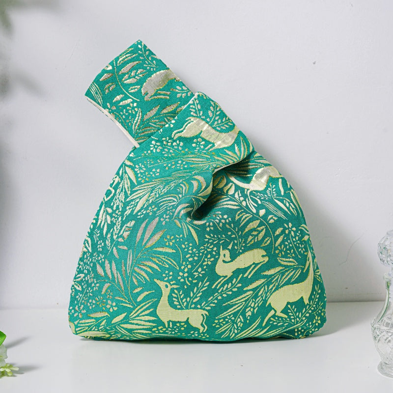 Golden Deer Brocade Drawstring Favor Bags, Embroidered Satin Evening Wedding Bridesmaid Gift Pouch