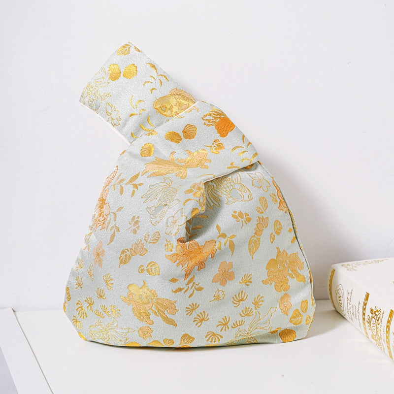 Golden Goldfish Brocade Drawstring Favor Bags, Embroidered Satin Evening Wedding Bridesmaid Gift Pouch