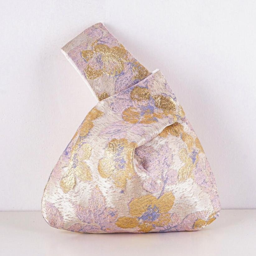 Purple Gold Flower Brocade Drawstring Favor Bags, Embroidered Satin Evening Wedding Bridesmaid Gift Pouch