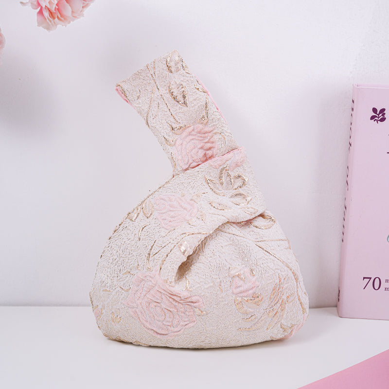 Long-stem Rose Brocade Drawstring Favor Bags, Embroidered Satin Evening Wedding Bridesmaid Gift Pouch