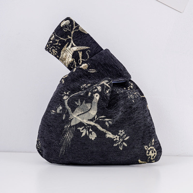 Golden Bird Brocade Drawstring Favor Bags, Embroidered Satin Evening Wedding Bridesmaid Gift Pouch