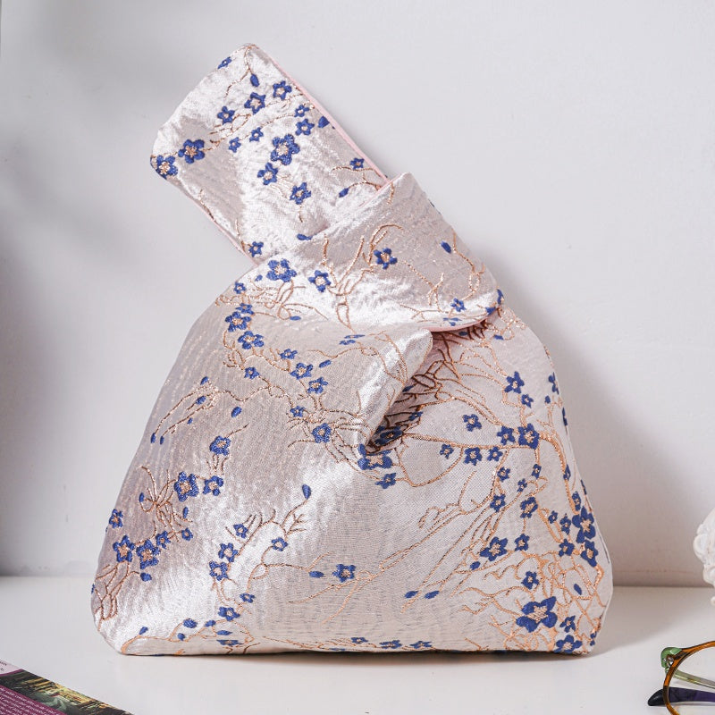 Blue Plum Blossom Brocade Drawstring Favor Bags, Embroidered Satin Evening Wedding Bridesmaid Gift Pouch