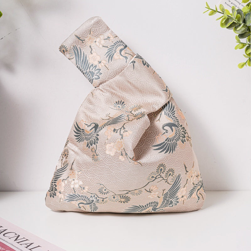 Green Crane Brocade Drawstring Favor Bags, Embroidered Satin Evening Wedding Bridesmaid Gift Pouch