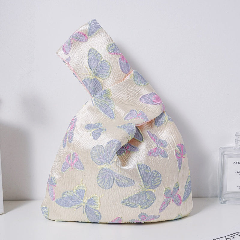 Blue Purple Butterfly Brocade Drawstring Favor Bags, Embroidered Satin Evening Wedding Bridesmaid Gift Pouch