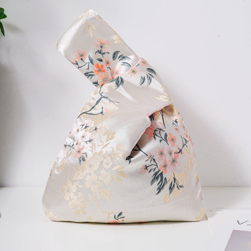 Orange Plum Blossom Brocade Drawstring Favor Bags, Embroidered Satin Evening Wedding Bridesmaid Gift Pouch