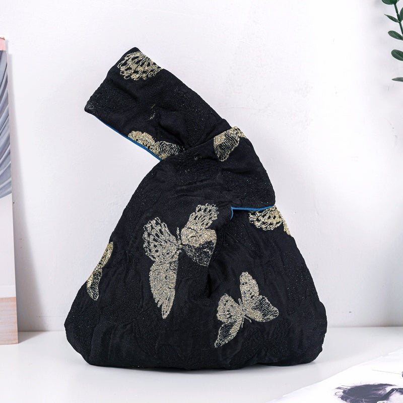 Golden Butterfly Brocade Drawstring Favor Bags, Embroidered Satin Evening Wedding Bridesmaid Gift Pouch