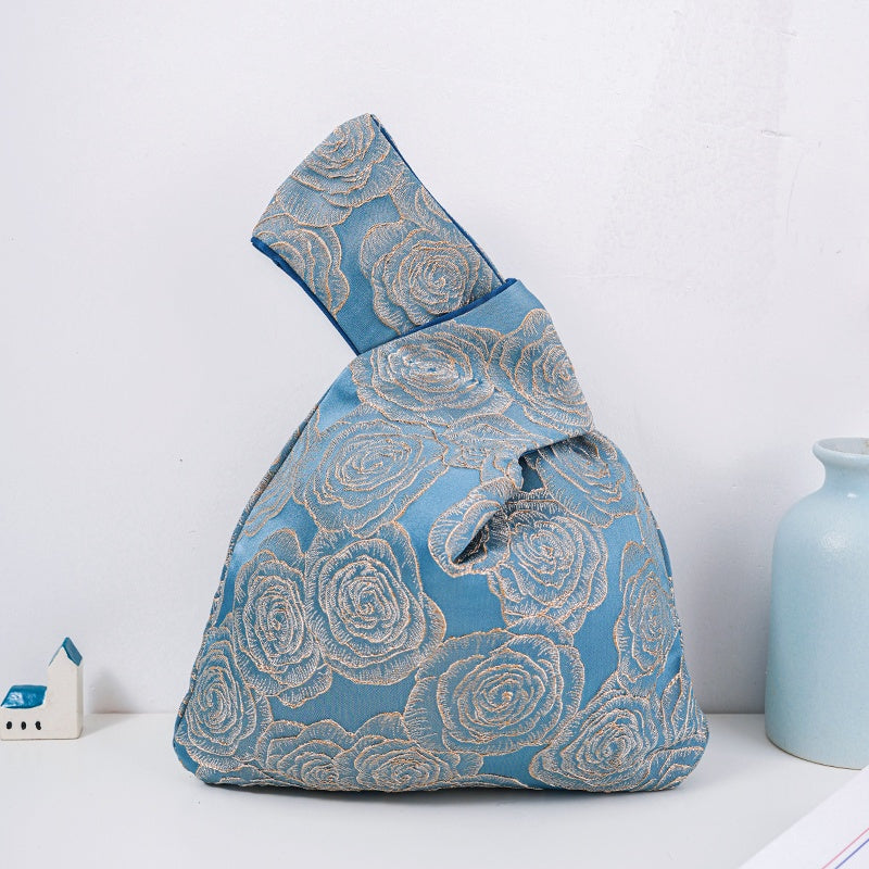 Golden Rose Brocade Drawstring Favor Bags, Embroidered Satin Evening Wedding Bridesmaid Gift Pouch