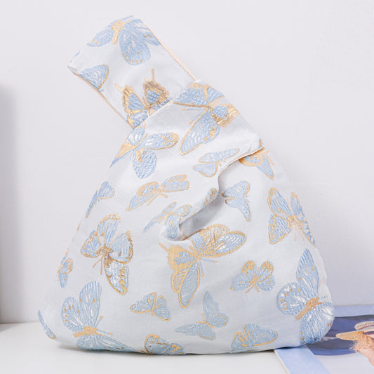 Blue Butterfly Satin Japanese Knot Bag