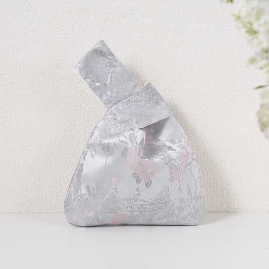 Silver Pink Blossom Floral Brocade Japanese Knot Bag