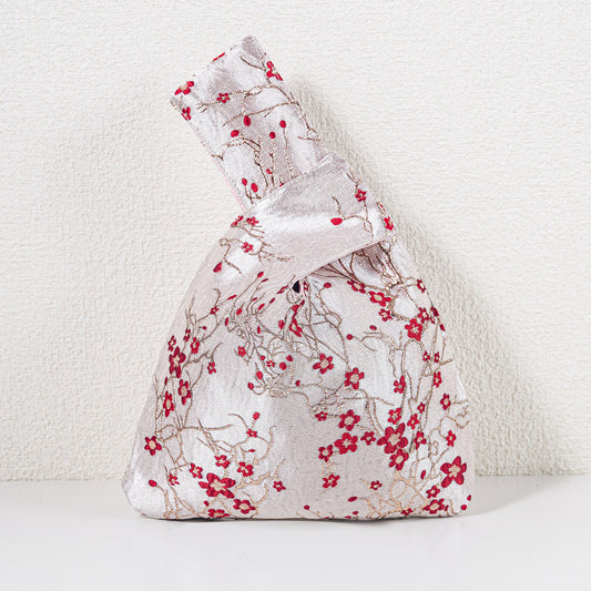 Gold Red Blossom Satin Japanese Knot Bag