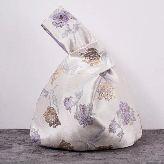 Purple peony satin knot bag with metallic jacquard floral